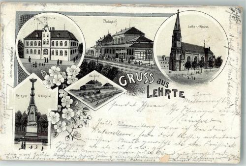Lehrte 1897 Lithographie Schule Bahnhof Luther-Kirche Kriegerdenkmal