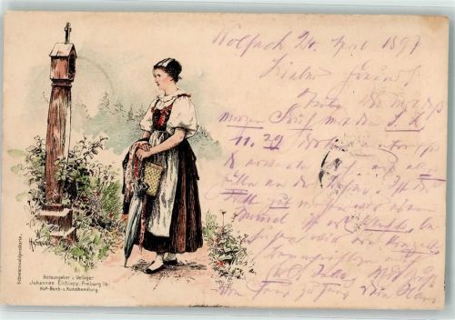 1897 Verlag Elchlepp Tracht aus Schapbach - Wegkreuz Frau mit Regenschirm