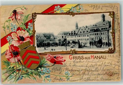 Hanau 1901 Wappen Klatschmohn Vergissmeinnicht Lithographie