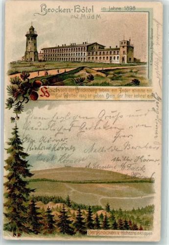 Brocken 1899 Hotel 1142 m im Jahre 1898 Hohnsteinklippen Blocksberg Turm Lithographie