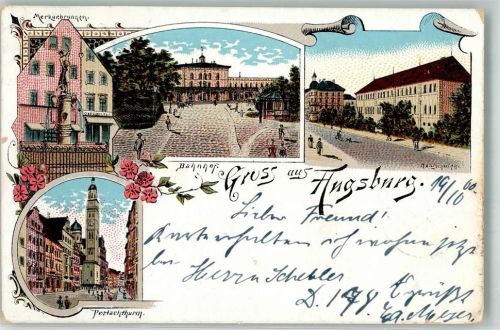 Augsburg 1900 Denkmal Merkurbrunnen Bahnhof Perlachturm