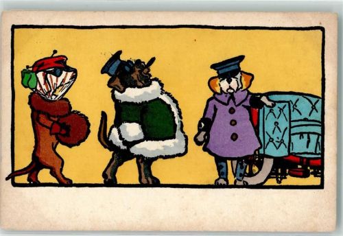 1908 No. 304 Blasierte Hunde in Winterkleidung mit Muff und Zigarre Tiere vermenschlicht