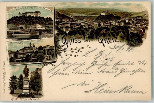 Greiz 1898 Hampelmann - Begrüßung des neuen Schauspielhauses , Denkmal Kaiser Wilhelm , Ottmar Zieher AK