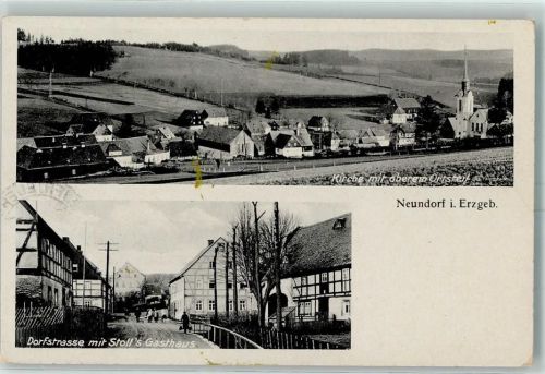 Neundorf Kirche mit oberem Ortsteil Dorfstraße mit Stolls Gasthaus