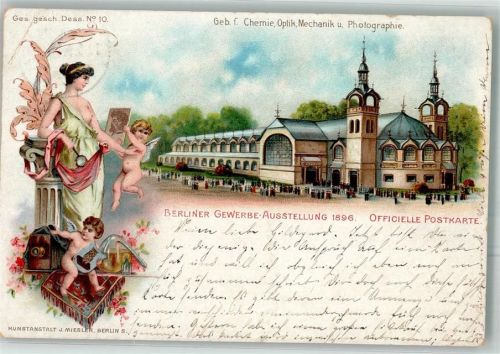 O1193 Treptow Gebäude für Fotografie Chemie + Optik Fotoapparat Eule Lithographie Gewerbeausstellung 1896 Gebrauchsspuren