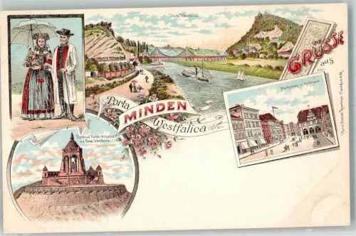 54310 W5501 Minden , Sauer Lithographie Volkstracht Kaiser Wilhelm-Denkmal Porta Westfalica Marktplatz