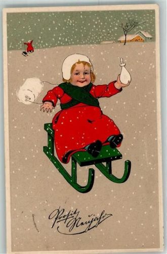 1907 Verlag PFB Serie 6211 Neujahr Schlitten Kind mit einer Milchflasche AK