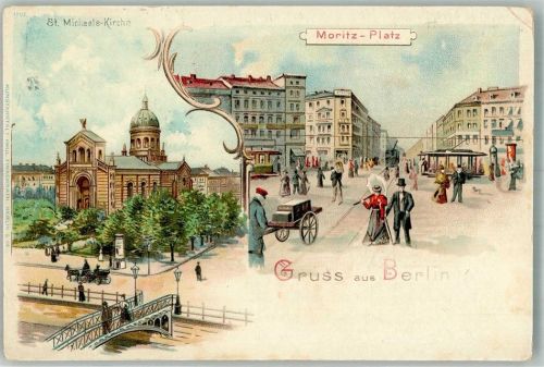 Friedrichshain 1900 Lithographie Meitz-Platz Strassenbahnen St. Michaels-Kirche