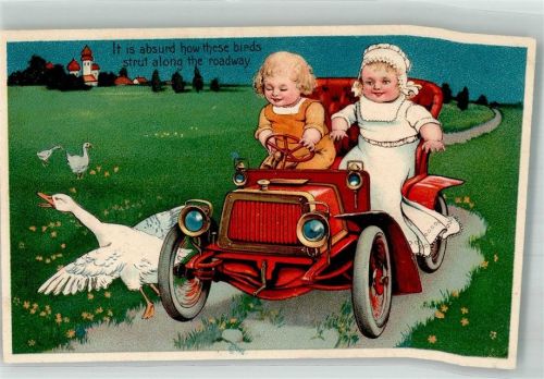 1908 Verlag PFB Serie 7318 Baby im Automobil, Gänse sind im Wege Verlag PFB Serie 7318