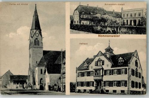 77963 W7635 Nonnenweier , Oberrhein 1914 - Kirche Krankenhaus Rathaus Feldpost WK I