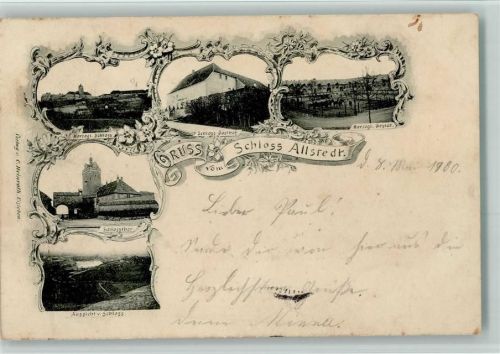06542 O4702 Allstedt 1900 - Gruss aus - Schloss, Gasthof, Gestüt AK Barock Ornamente