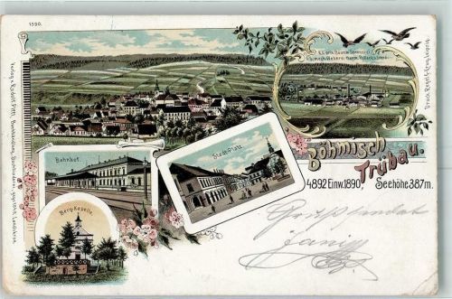 Ceská Trebová 1899 Berg-Kapelle Bahnhof Stadt-Platz Lithographie
