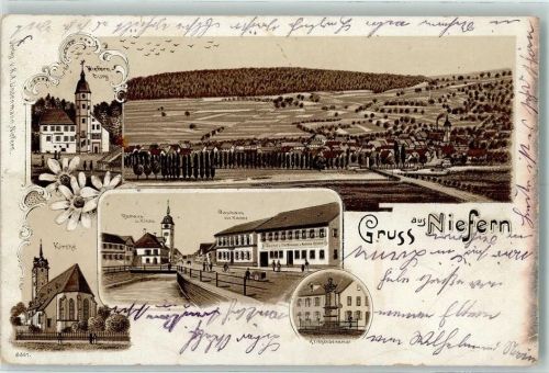 Niefern 1907 Niefern-Burg Rathaus Kirche Gasthaus zur Kanne Kriegerdenkmal Lithographie Bahnpost Karlsruhe - Mühlacker Zug 1229