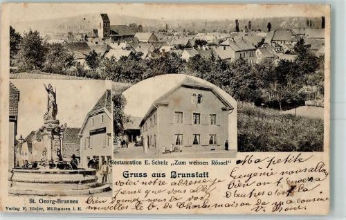 Brunstatt St. Georg Brunnen - Gasthaus zum weißen Rössel AK