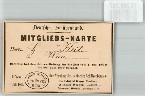 Wien 1869 Mitgliedskarte Dt. Schützenbund