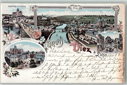 Diez 1898 Lahnbrücke mit Schloss Wilhelmstraße Marktplatz