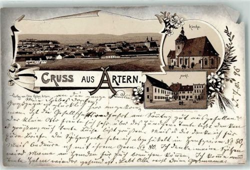 Artern 1896 Kirche Markt Bahnpoststempel Zug 71 Lithographie