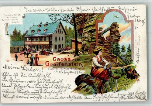 Ehrenfriedersdorf 1904 Gruss aus - Greifenstein Restaurant, Frau mit Fahrrad AK Eckknick