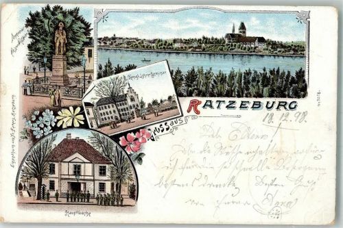 Ratzeburg 1898 Lithographie Denkmal Kaiser Wilhelm Königl. Lehrer Seminar Hauptwache