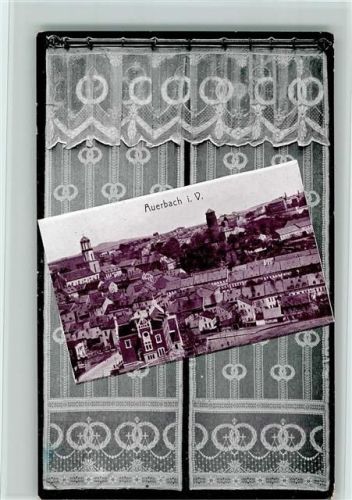 Auerbach 1942 Fenster mit Gardinen, darauf ein Bild von der Stadt, gute Erhaltung AK
