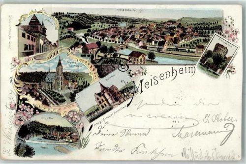 Meisenheim 1898 Rathaus Festungsturm Schloss mit Kirche Bahnhof Glan-Tal Lithographie