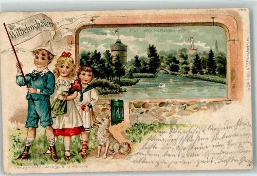 Wilhelmshaven 1902 Park Wasserturm Kirche Schwan Brücke Fahne Kinder Hund Puppe