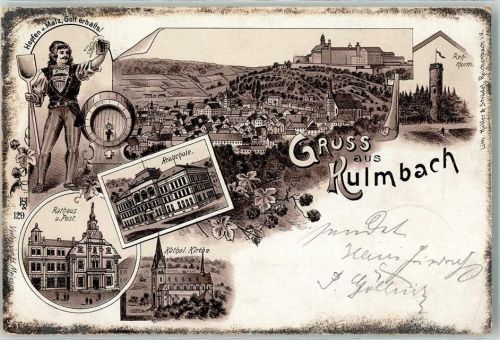 Kulmbach 1898 Realschule Rathaus Post Kath. Kirche Rehturm Fass Bier Hopfen Malz Gruss
