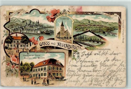 Neuenburg 1899 Stadtkirche Schiff- und Eisenbahn-Brücke Gasthaus Zur Krone Jos. Waidele Rathaus Lithographie