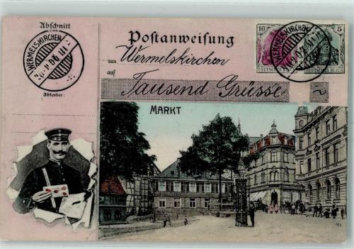 Wermelskirchen 1907 AK mit Postanweisung Grüße Briefträger Markt