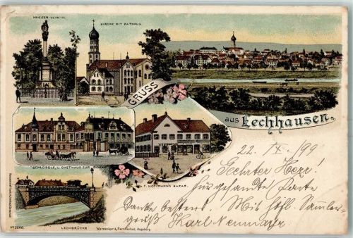 Lechhausen 1899 Kriegerdenkmal Kirche Rathaus Schlössle Gasthaus Zur Sonne Lechbrücke F. Hoffmanns Bazar