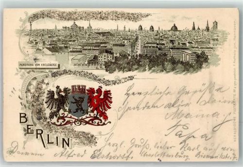 Kreuzberg 1900 Panorama der Stadt mit Stadtwappen mit Glimmer - Glitzerauflage Heraldische Postkarte No. 4 Verlag Astholz