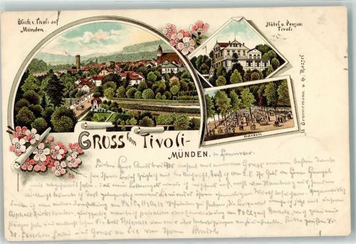 Hann Münden 1896 Gruss vom Tivoli Hotel Pension Farten Turm Blumen