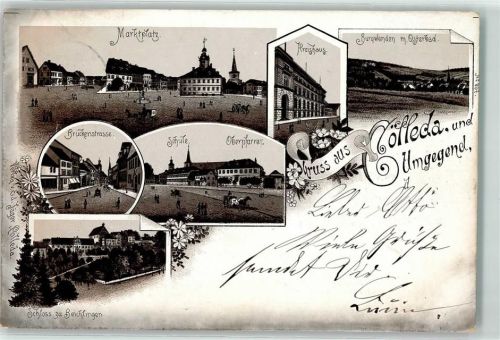 Kölleda 1900 Marktplatz Kreishaus Brückenstraße Schule Oberpfarrer Schloss Burgwenden Osterbad Gruss Blumen