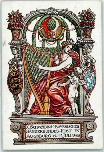 Augsburg 1913 10. Schwäbisch-Bayerisches Sängerbundes-Fest Harfe Engel Wappen