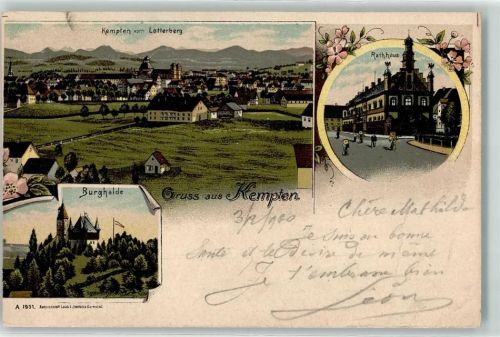 Kempten 1900 Vom Lotterberg Rathaus Burghalde Gruss Blumen