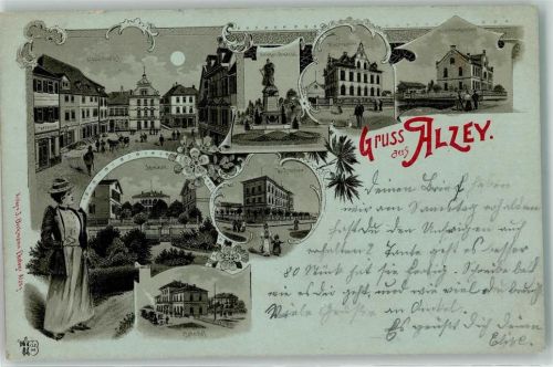Alzey 1900 Rossmarkt Kriegerdenkmal Seminar Volksschule Bahnhof Kutsche Mond Gruss Bahnpost Bingen worms Zug Nr. 369