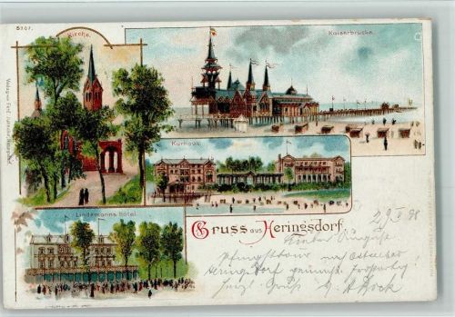 23777 W2444 Heringsdorf , Holst 1898 Lithographie Gruss aus - Landemann Hotel, Kirche , Kaiserbrücke AK