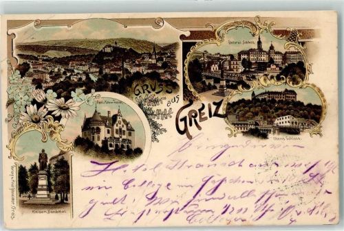 Greiz 1897 Kaiser Wilhelm-Denkmal Unteres Schloß Oberes Schloß Odd-Fellow-Heim Lithographie