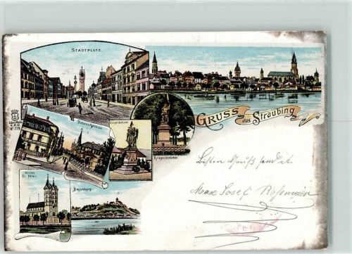 Straubing 1898 Stadtplatz Bahnhofstraße Bürgerdenkmal Kriegerdenkmal St. Peter Kirche Bogenberg
