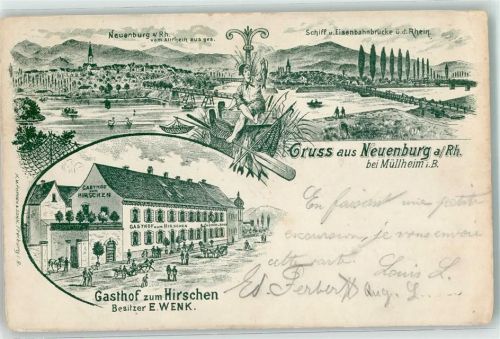 Neuenburg 1900 Gasthaus zum Hirschen Schiff u. Eisenbahnbrücke