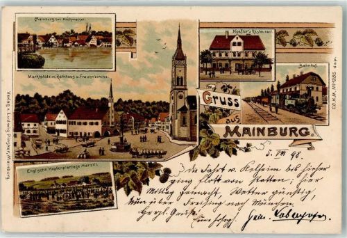 Mainburg 1898 Mainburg bei Hochwasser Marktplatz m. Rathaus u. Frauenkirche Gasthaus Hoefter Englische Hopfenplantage Marzill Bahnhof