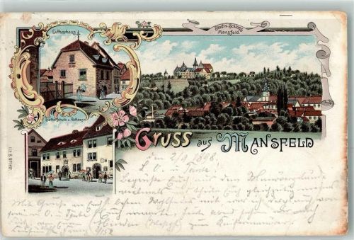 Mansfeld 1898 Lutherhaus Lutherschule Rathaus Schloss Gruss Blumen