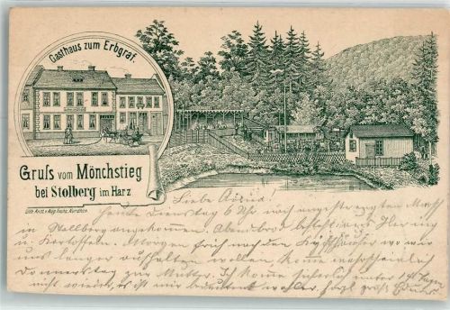 Stolberg 1897 Gasthaus zum Erbgraf Mönchstieg Kutsche Gruss Lithographie Vorläufer