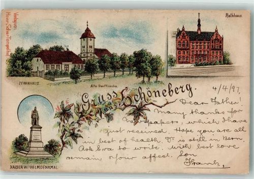 Schöneberg 1897 Pfarrhaus Dorfkirche Rathaus Kaiser Wilhelm-Denkmal Litho