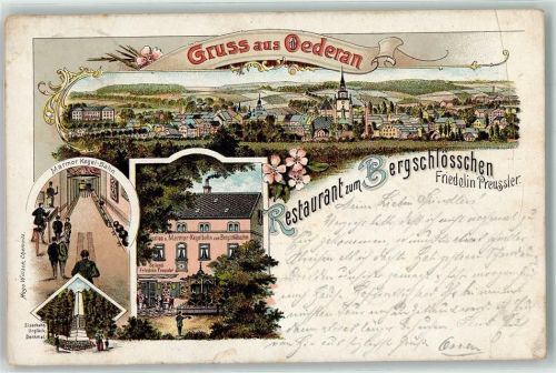 09569 O9388 Oederan 1898 Gebrauchsspuren Gasthaus zum Bergschlösschen Marmor Kegelbahn Eisenbahn Unglück Denkmal Kirche Seilerei Preussler Blumen Gruss Lithographie