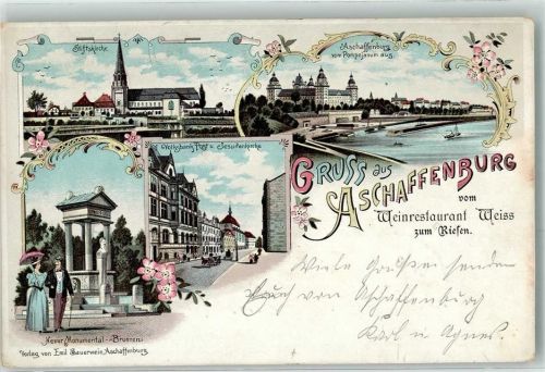 Aschaffenburg 1897 Blick vom Pompejaum Volksbank Post u. Jesuitenkirche neuer Monumental Brunnen Stiftskirche