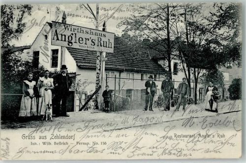 Zehlendorf 1905 Gasthaus Angler´s Ruh Wirtshaus Gruss Hund Kind Frau Mann