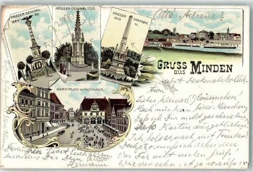 Minden 1907 Kriegerdenkmal 1884 66. Kriegerdenkmal 1759 Kriegerdenkmal 1870 71. Marktplatz m. Rathaus