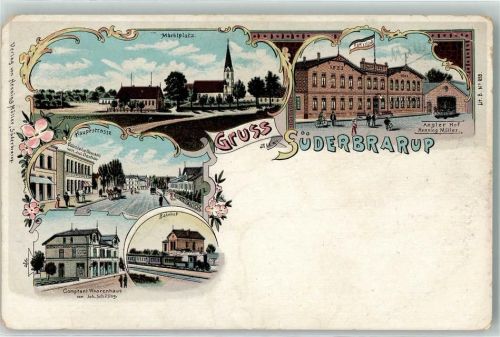 Süderbrarup Marktplatz Hauptstraße Bahnhof Comptant Warenhaus Gasthaus Angler Hof Lithographie