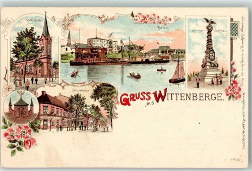 Wittenberge 1900 Kath. Kirche Bahnstraße Hafen Kriegerdenkmal Bahnpost Berlin-Hamburg Zg. 203
